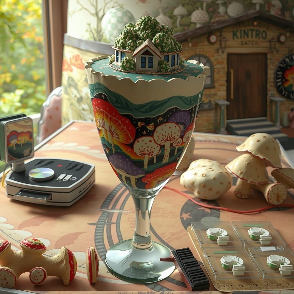 Surrealist Sculpture in Papier-Mâché Box: Whimsical Mushroom...