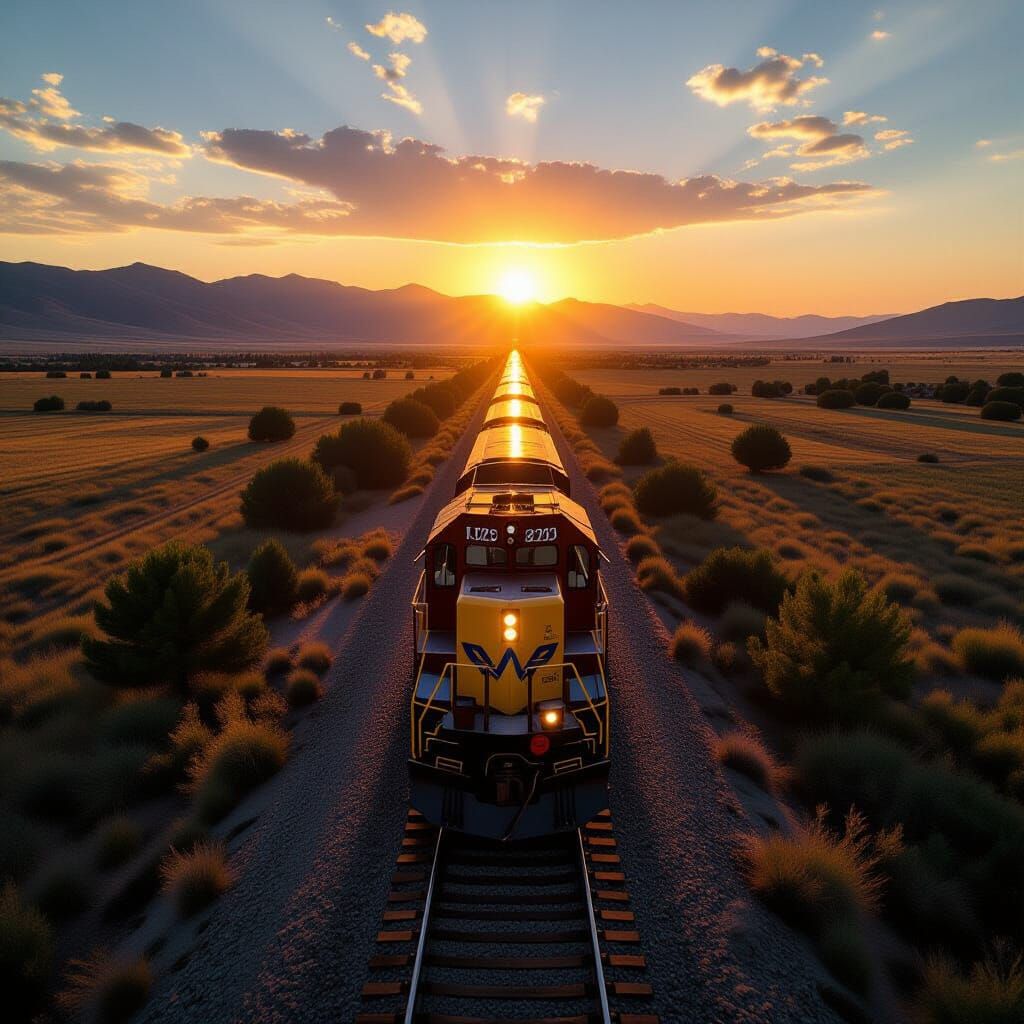Epic Train Approaches on Vast Landscape in Hyperrealistic St...