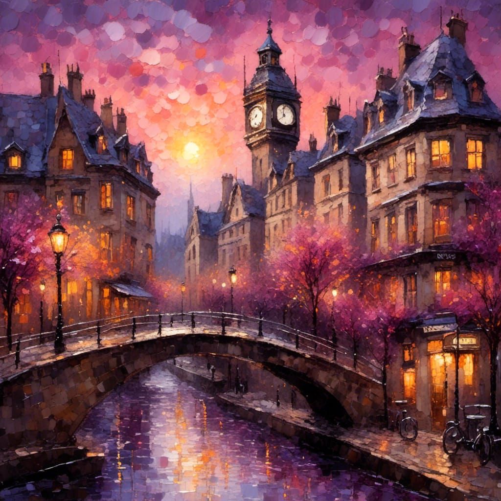 High Street Footbridge at Sunset: Impasto Oil Painting