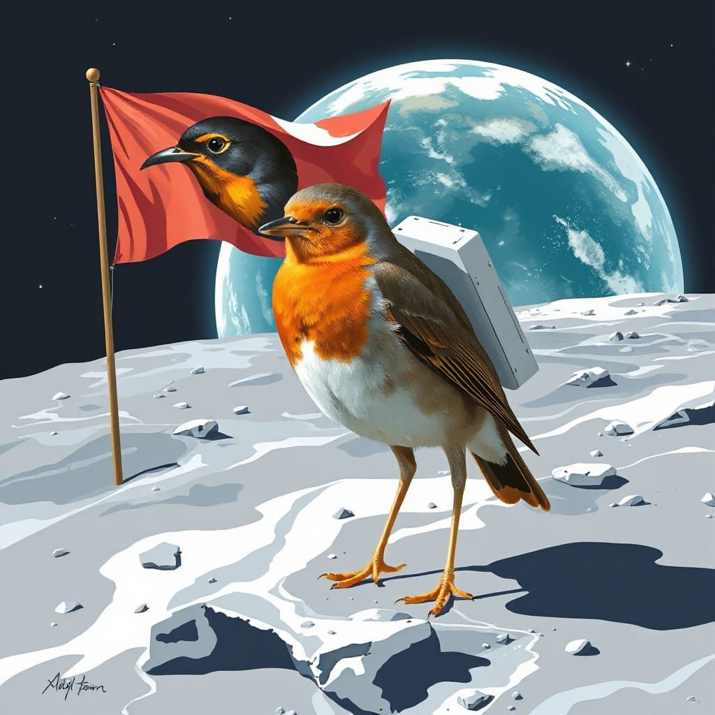 Robin Astronaut on the Moon in Abstract Style