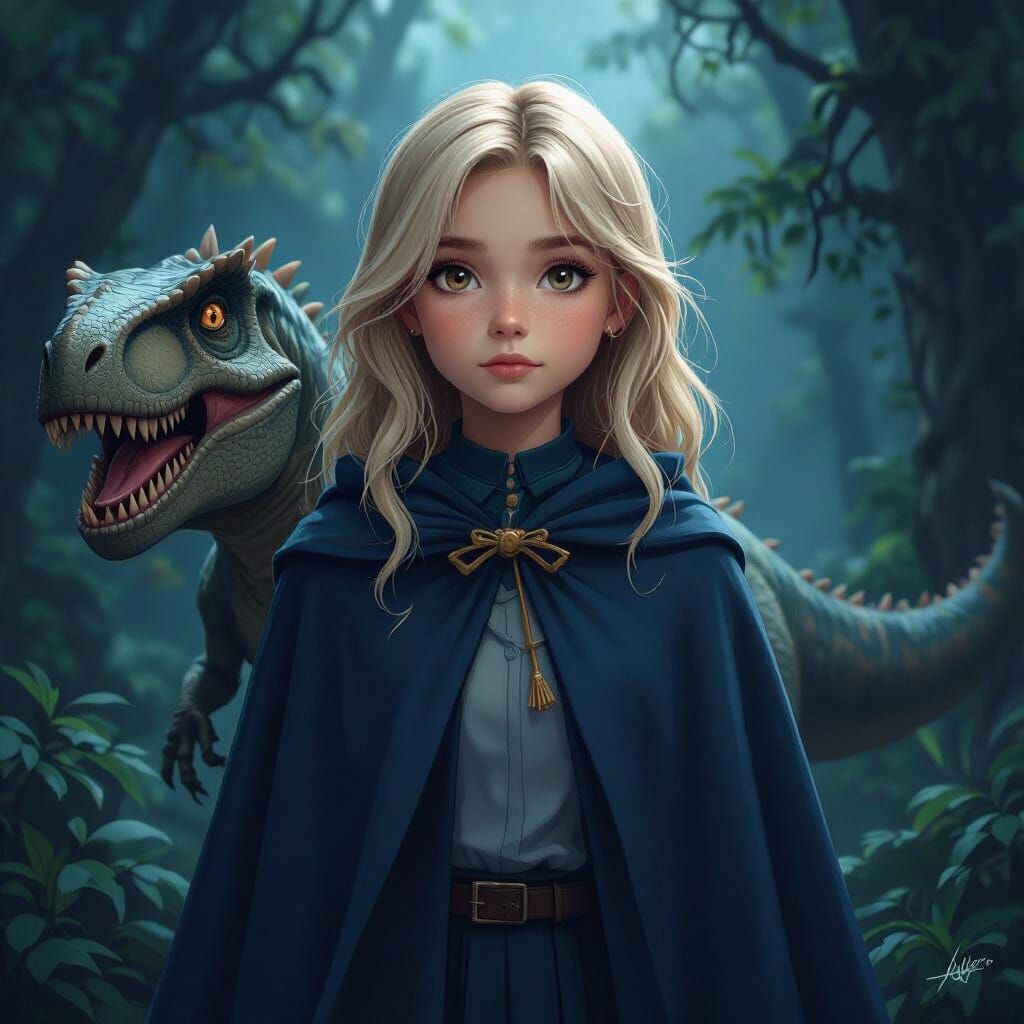 Teenage Girl and Dinosaur in Magical World, Matte Painting