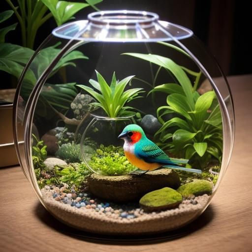 Tropical Bird in Crystal Terrarium: Detailed Rendering