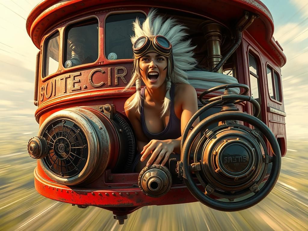 Steampunk Flying Double Decker Bus with Pilot