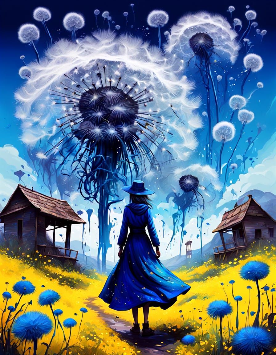 Surreal Dandelion Priestess in a Vibrant Daydream Landscape