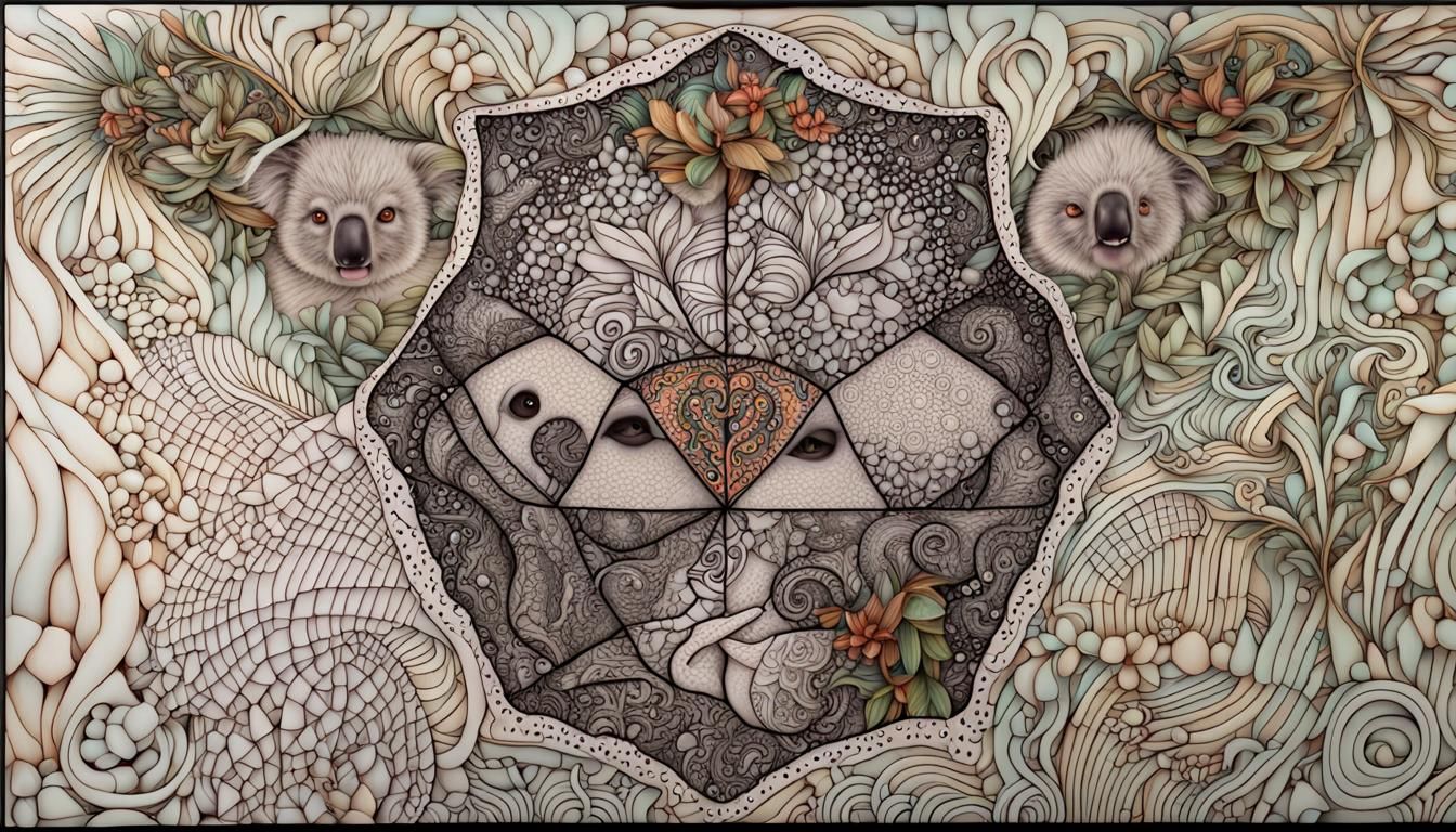 Anthropomorphic Koala with Quantum Zentangle Design