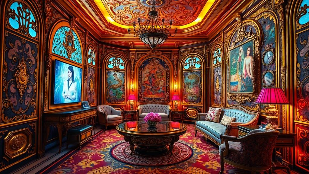 Surreal Cyberpunk Palace with Golden Baroque Patterns