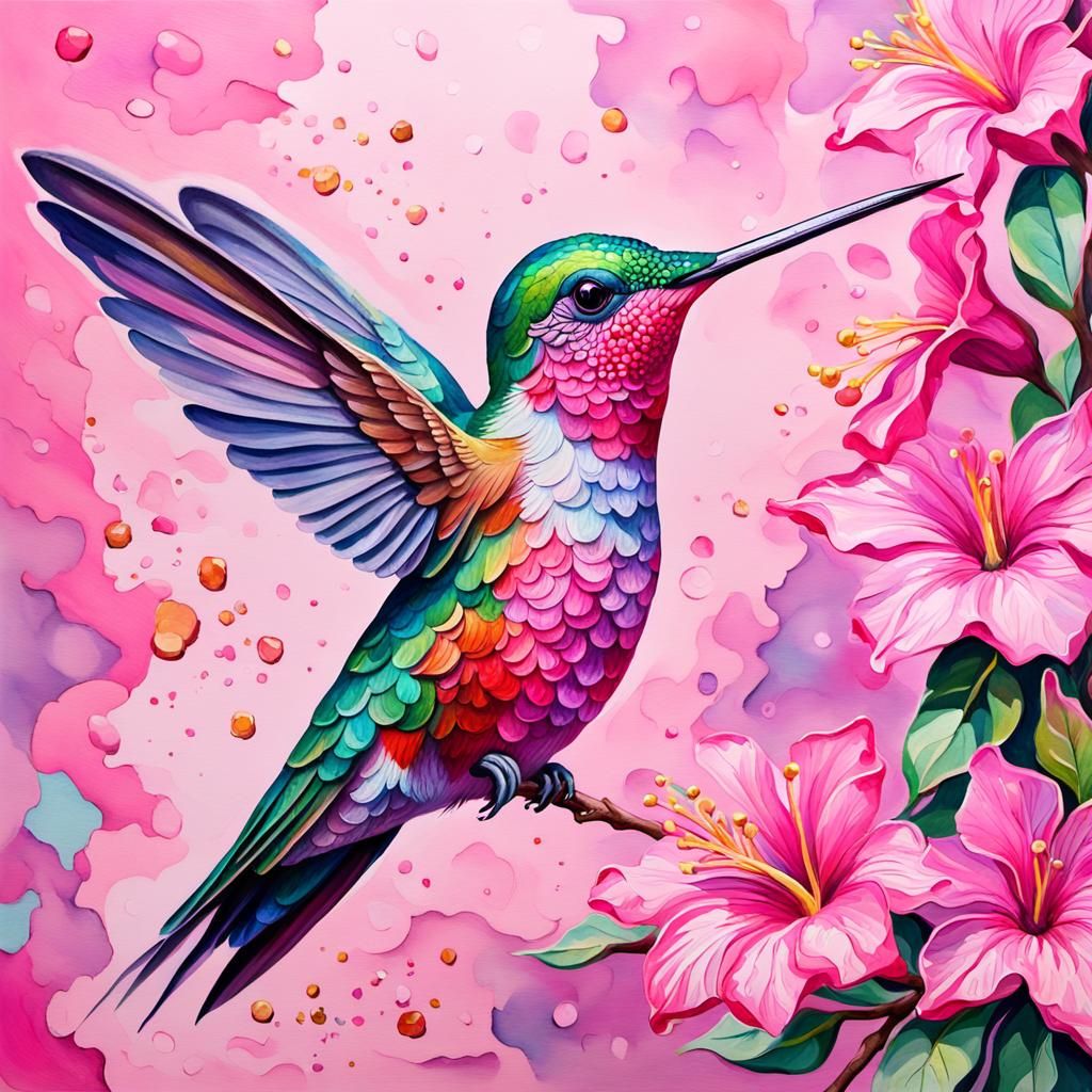 Pink Glittery Hummingbird in Gouache Impressionist Style