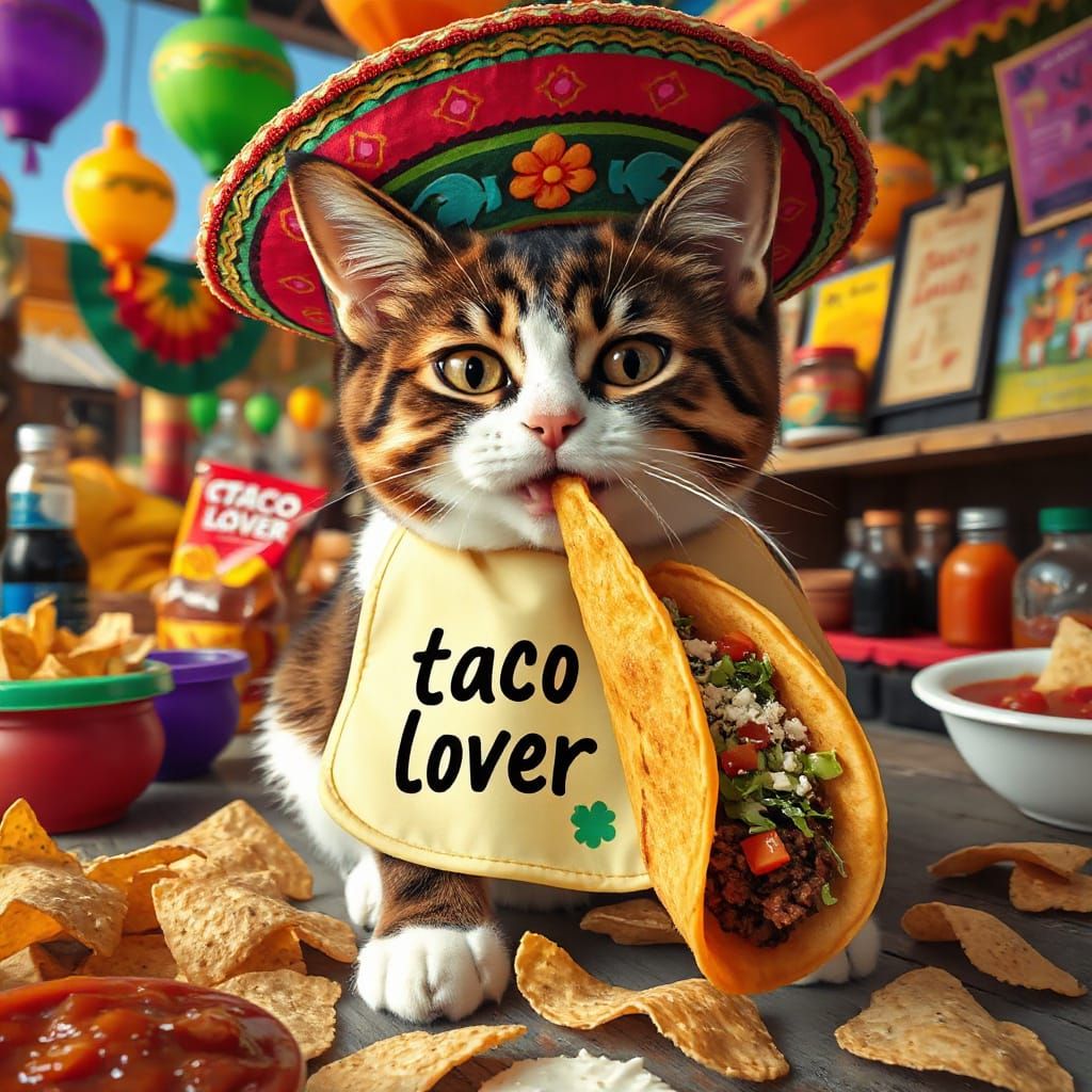 Festive Feline Taco Connoisseur in Whimsical Mexican Market