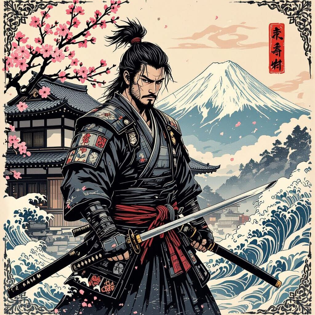 Ronin Warrior with Katana and Cherry Blossom, Tattoo Flash A...