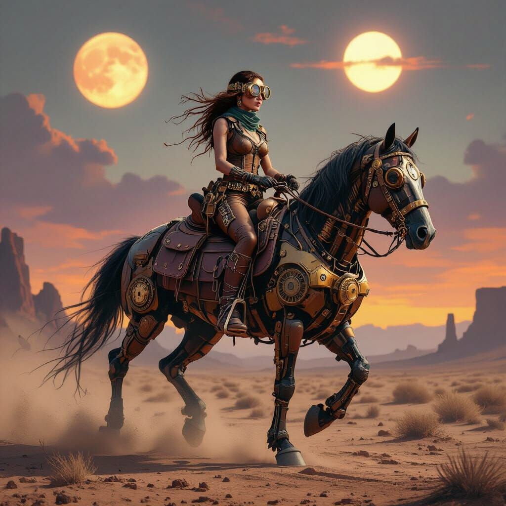 Steampunk Cowgirl Rides Clockwork Horse in Dystopian Wastela...