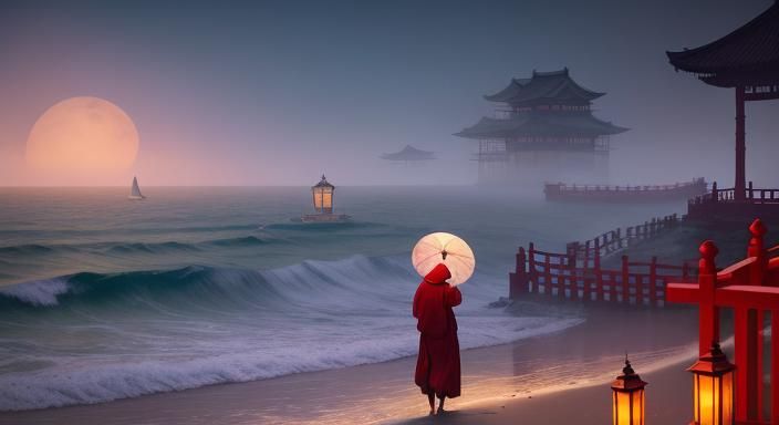 Monk and Cranes at Ocean Gate in Surreal Style