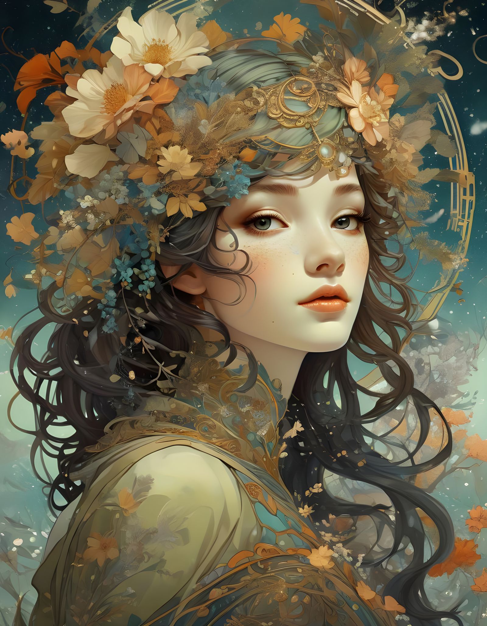 Winter and Spring Face in Art Nouveau Style