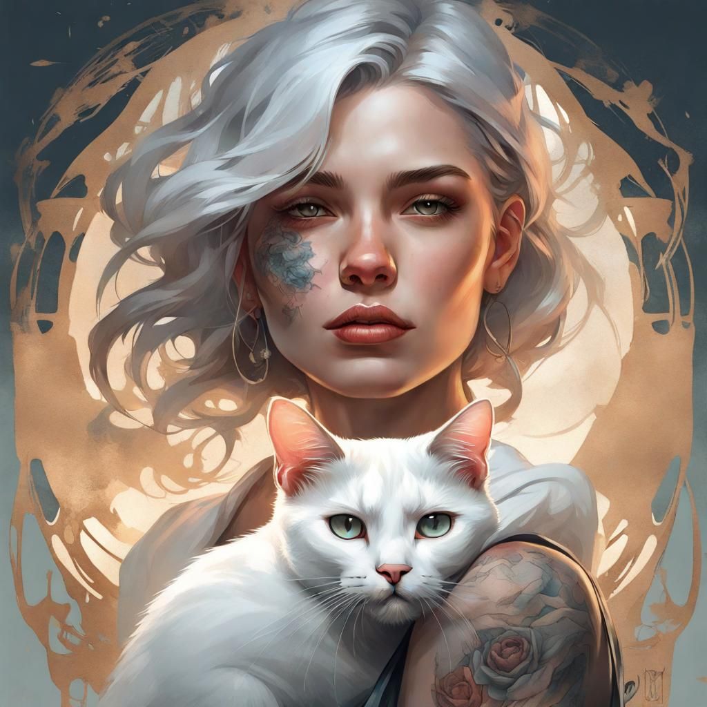 Girl with Cat in Destroyed World, Detailed Portrait