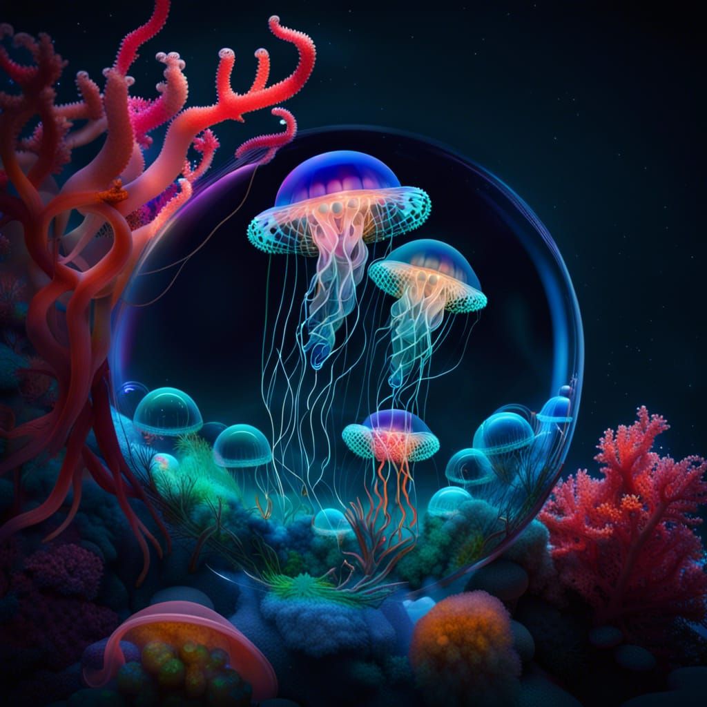 Bioluminescent Jellyfish in Glass Spheres over Coral Reef