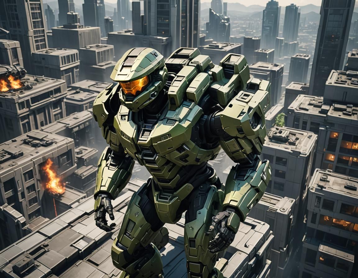 Master Chief on Building: Sci-Fi Mech in 8K