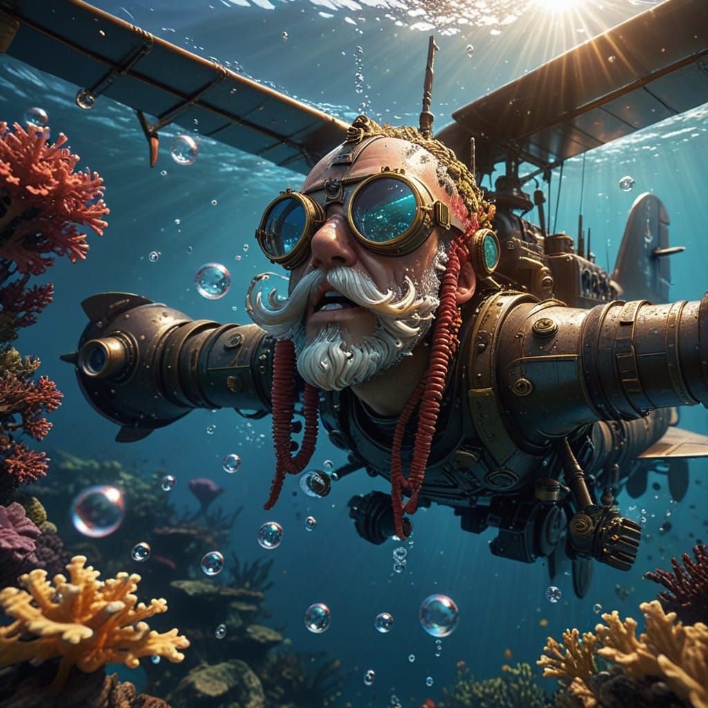 Submerged WWI Biplane Pilot in a Breathtaking Underwater Sce...