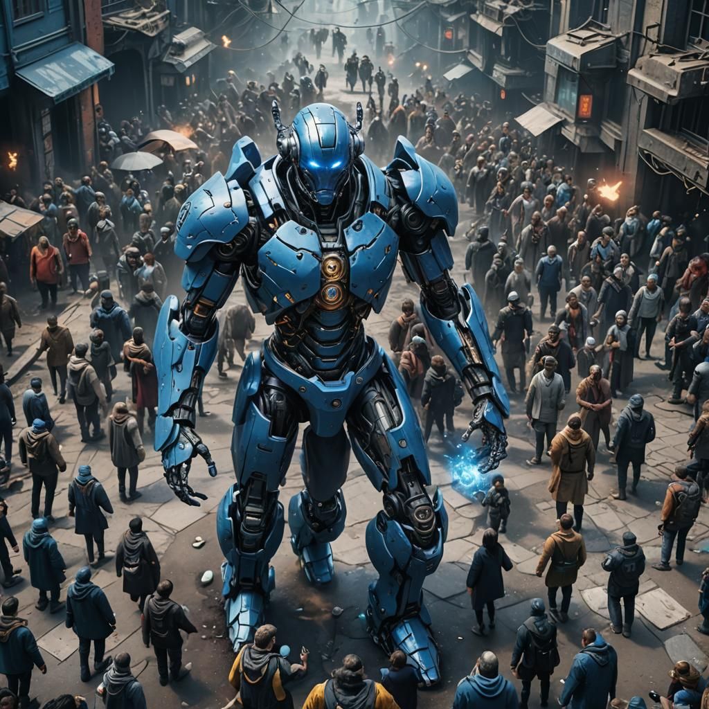 Blue Cyborg in a Crowd: Fantasy Concept Art