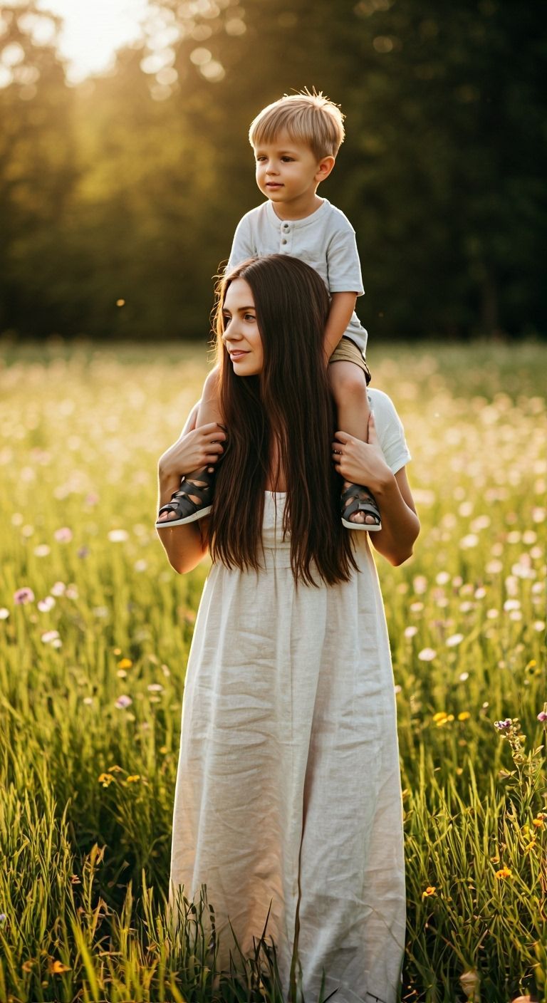 Woman Carries Boy Through Sun-Dappled Wildflower Meadow