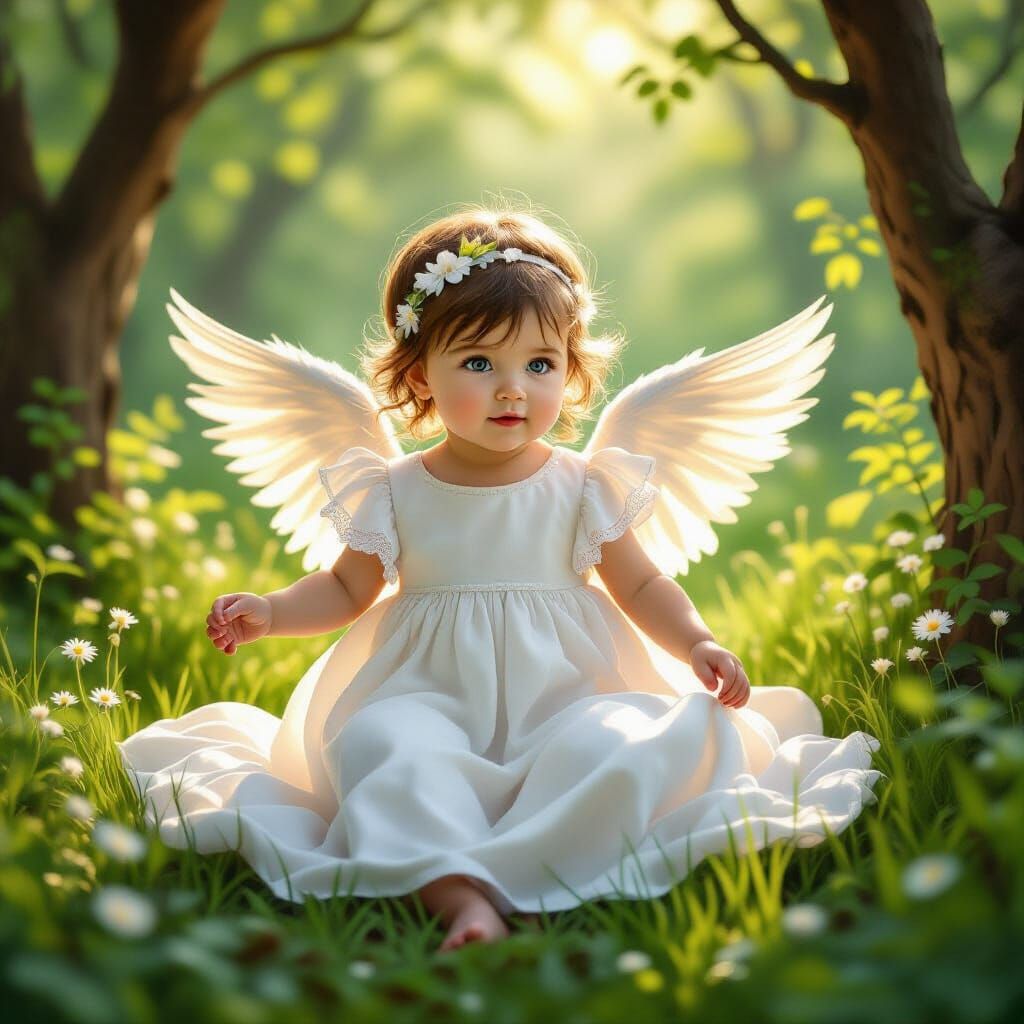 Angelic Baby in Sunlit Woods: Dreamy Art