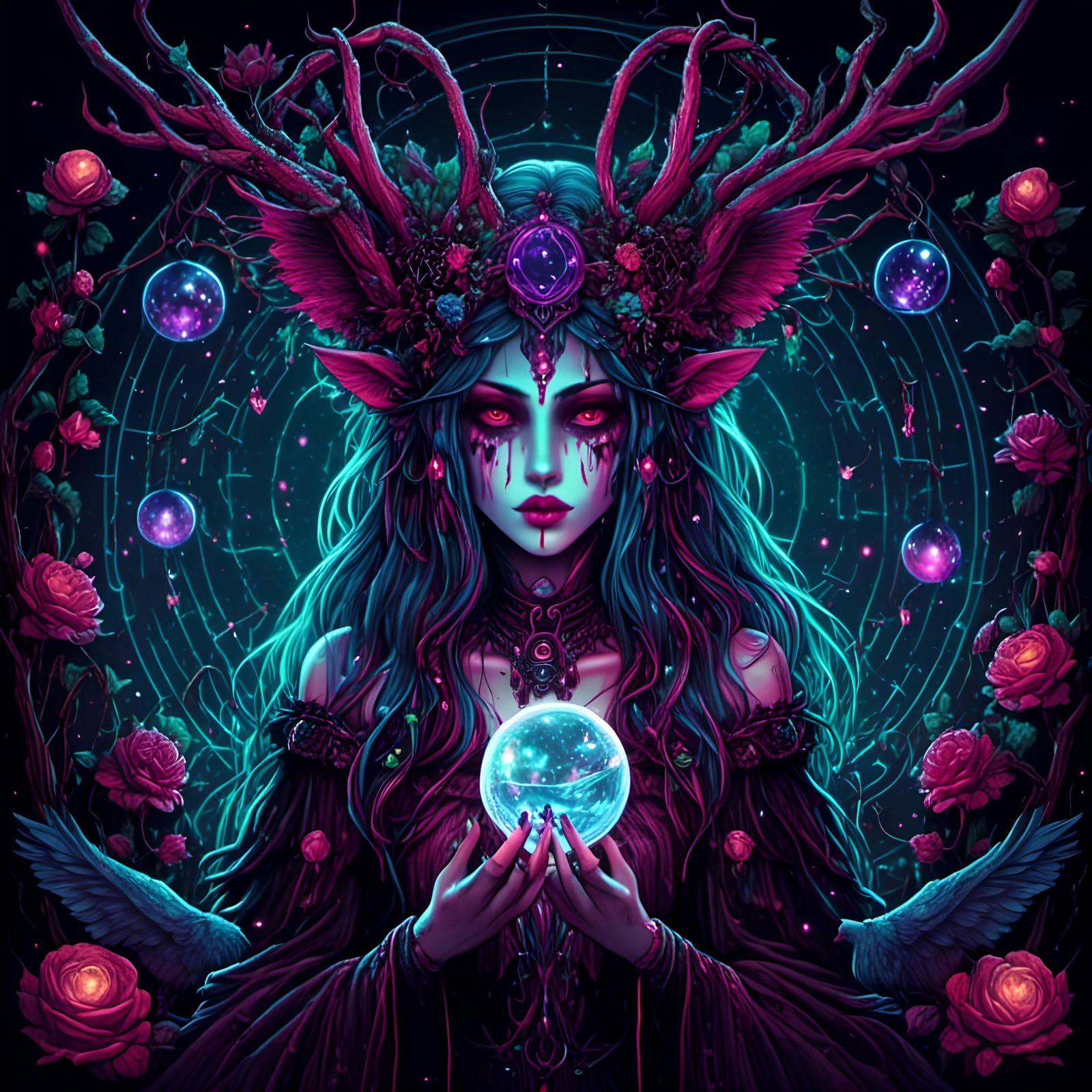Dark Gothic Fey with Crystal Ball in Neo-Gothic Style