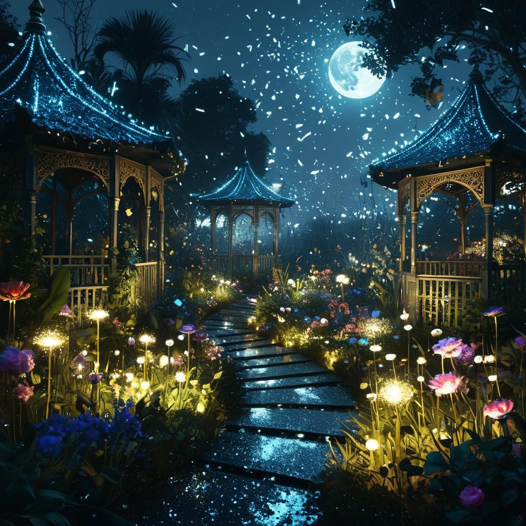 Glittering Midnight Garden with Fireflies in Digital Art Sty...