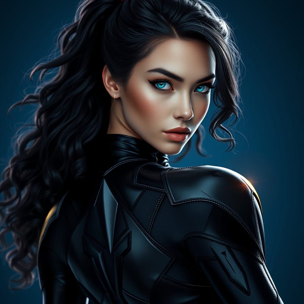 Striking Superheroine in High-Gloss Suit, Fantasy Concept Ar...