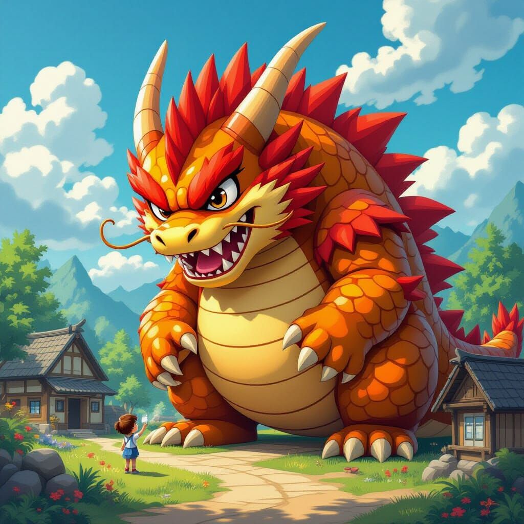 Dragon Guardian Protecting Village in Playful Style