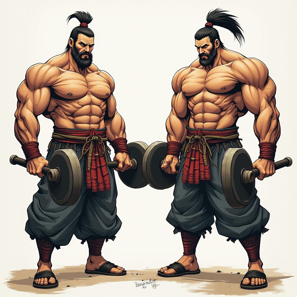 Two Muscular Samurai in Comic Book Style