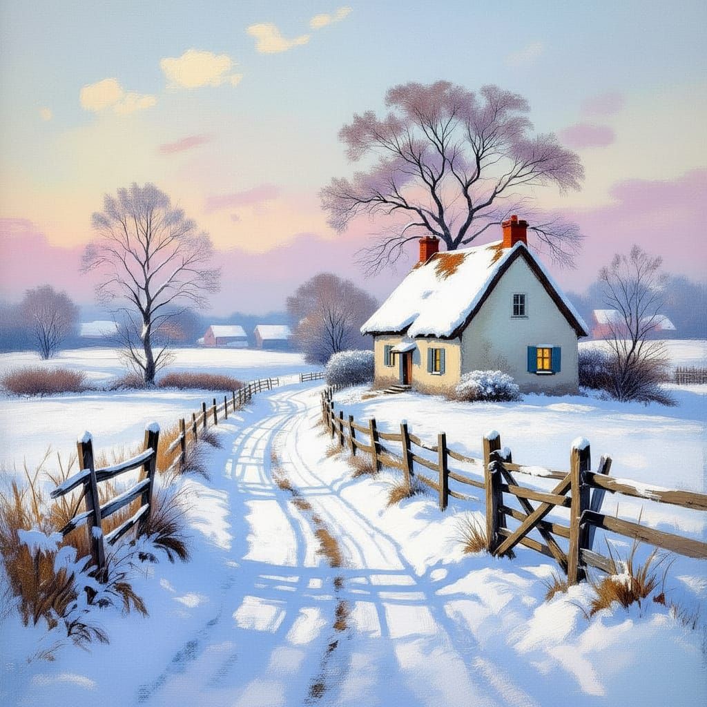 Cozy Winter Cottage Scene as Impressionistic Oil Painting