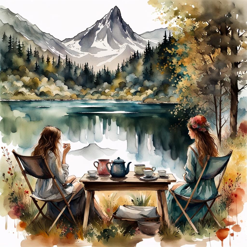 Bohemian Women Camping by Lake: Watercolor and Ink