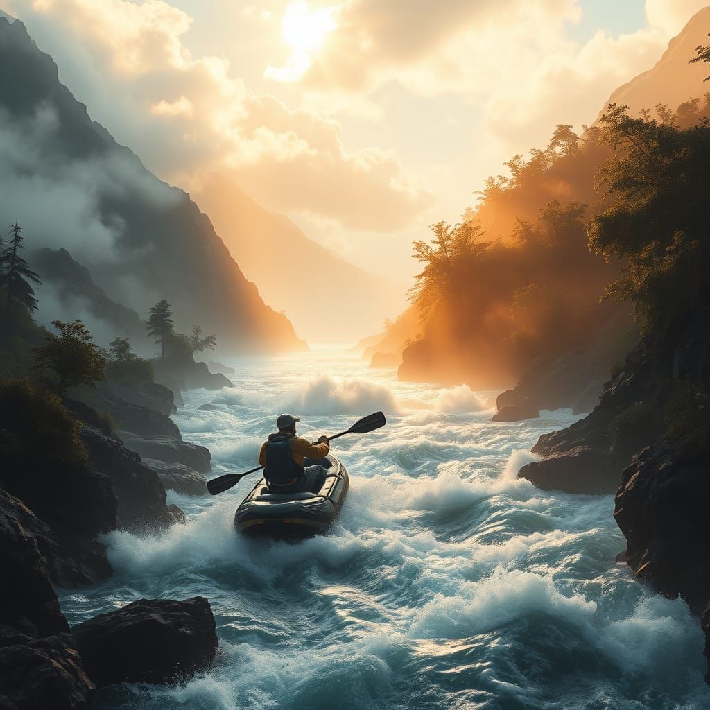 Rafting Adventurer in Futuristic Mountain Landscape