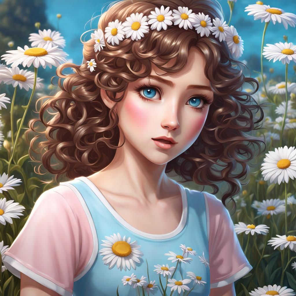 Cute Anime Girl with Daisy Accessories in Digital Painting