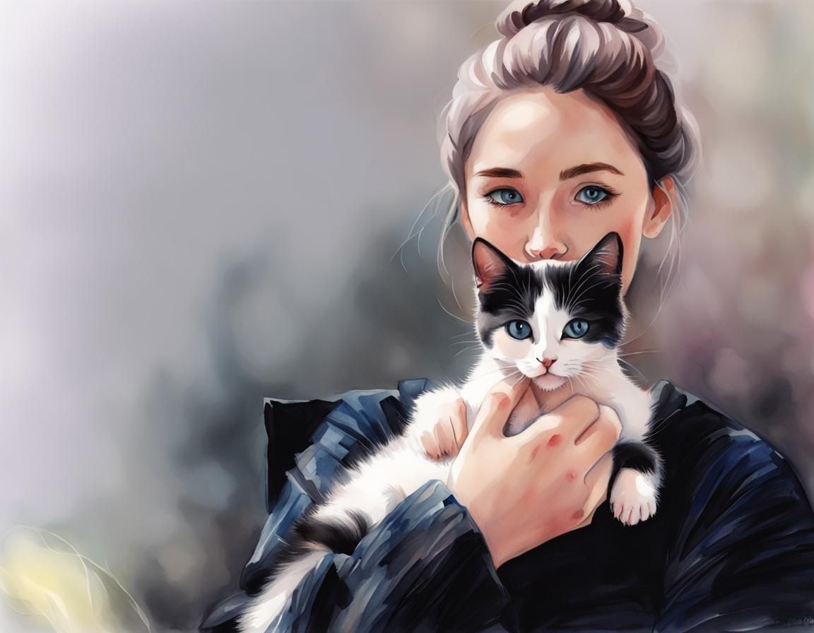 Girl with Kitten in Watercolor Style