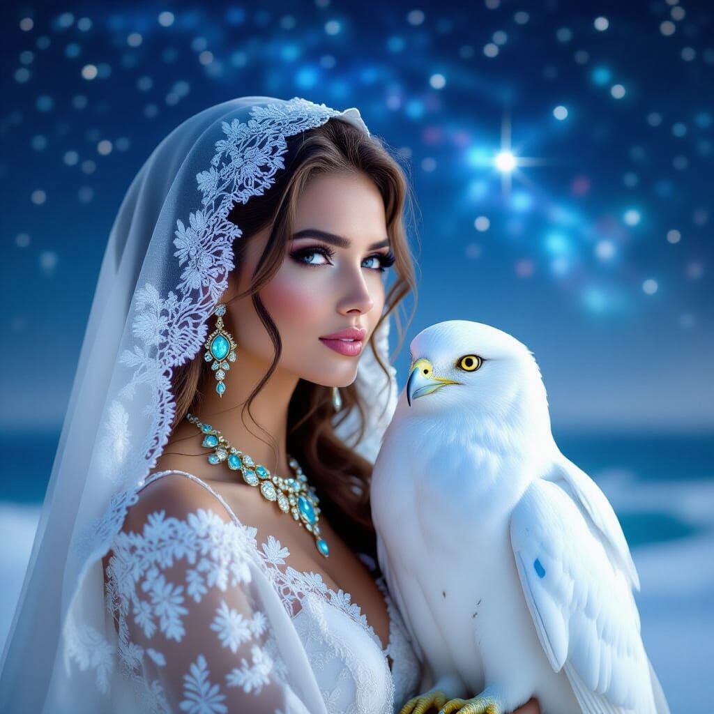 Mystical Woman in Veil with Snow Owl Under Starry Ocean Sky