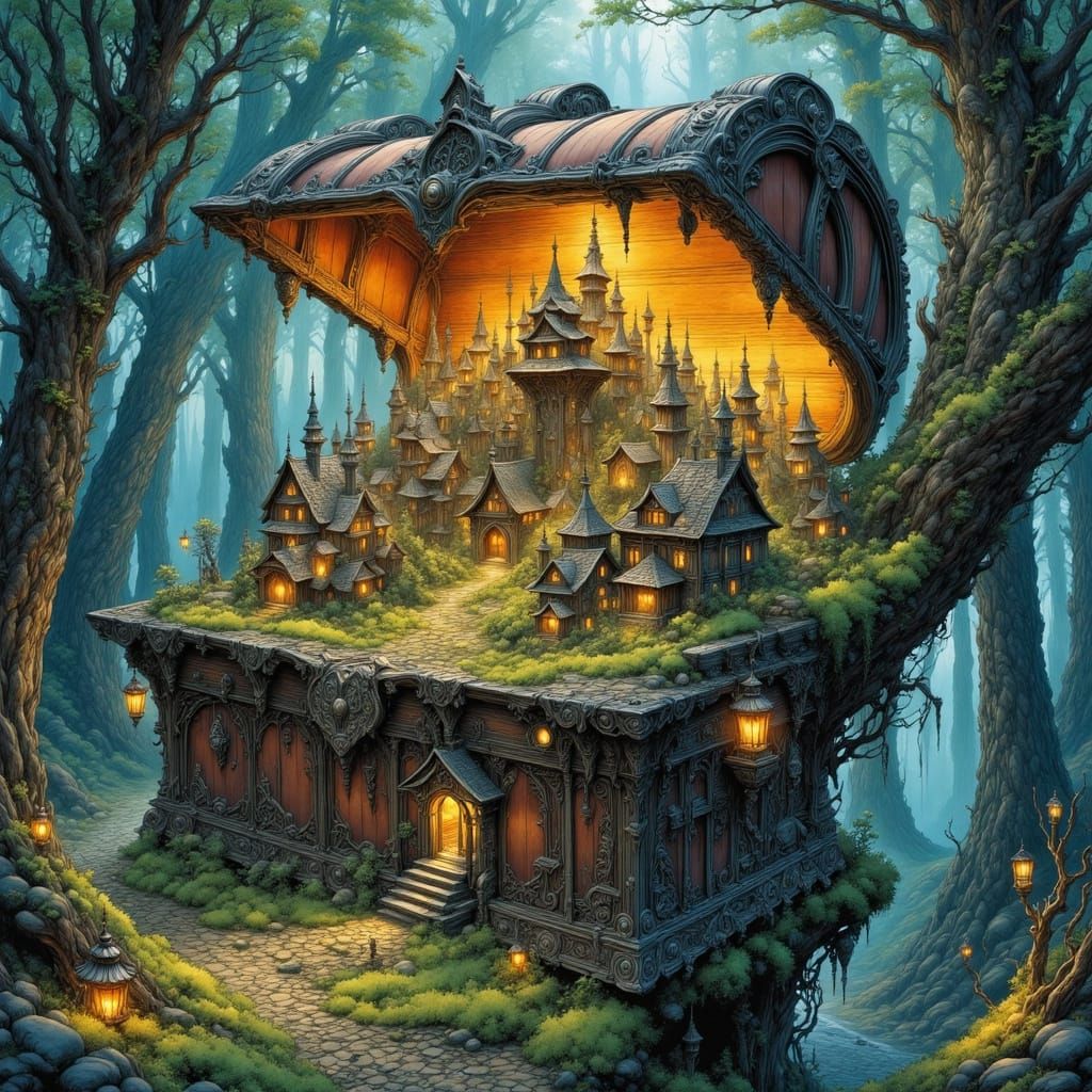 A miniature kingdom thrives within a massive, ornate treasure chest