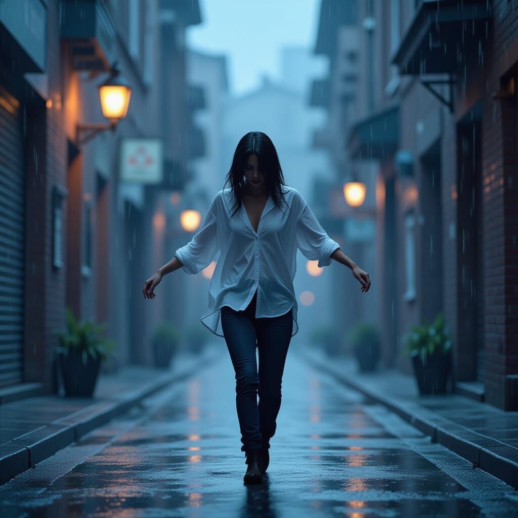 Figure Dancing in Gentle Rain, Moody Atmosphere