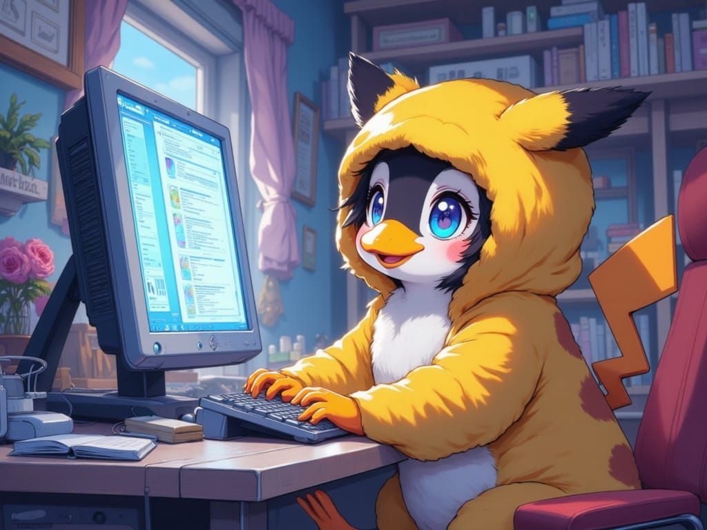 Anime Penguin Typist in a Cozy Bedroom Scene