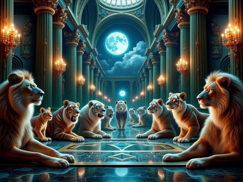 Regal Felines in a Grand Hall