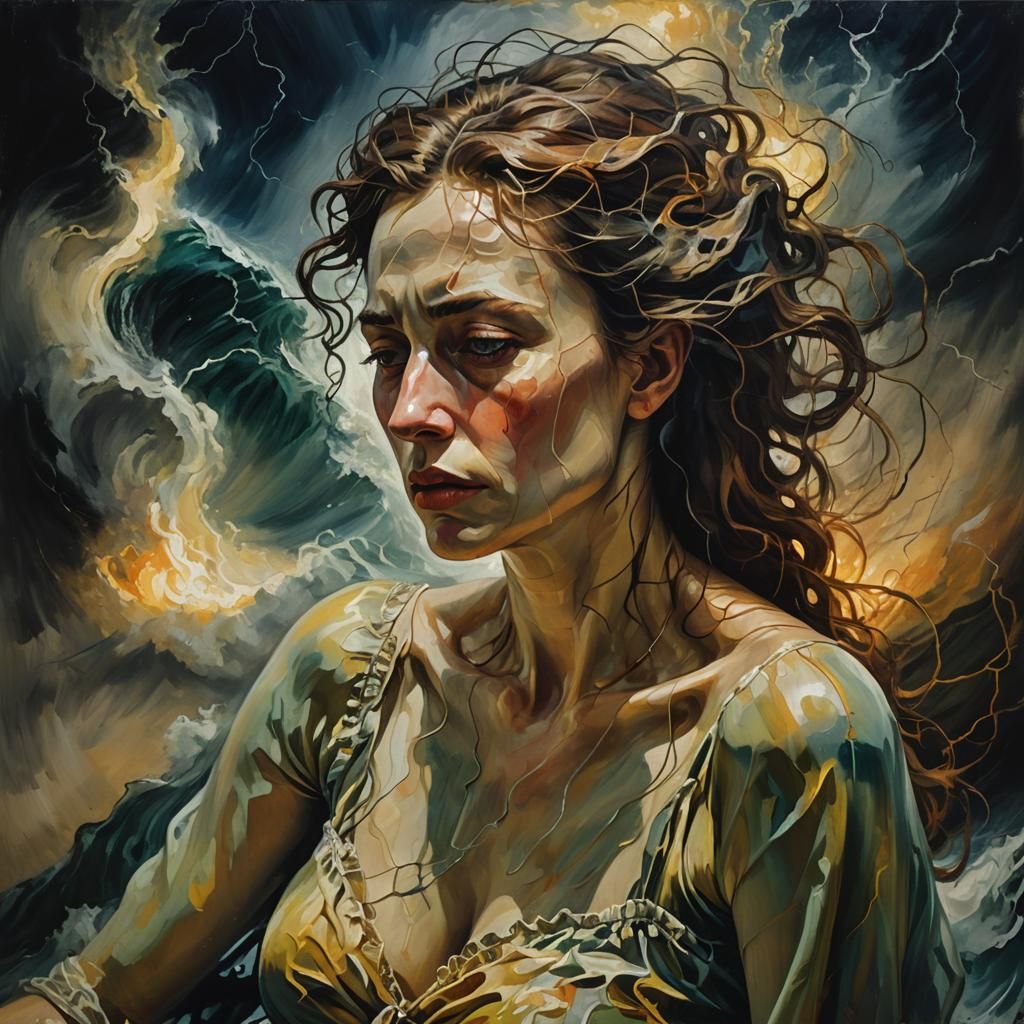 Woman on Stormy Sea: Surrealist Impressionist Art