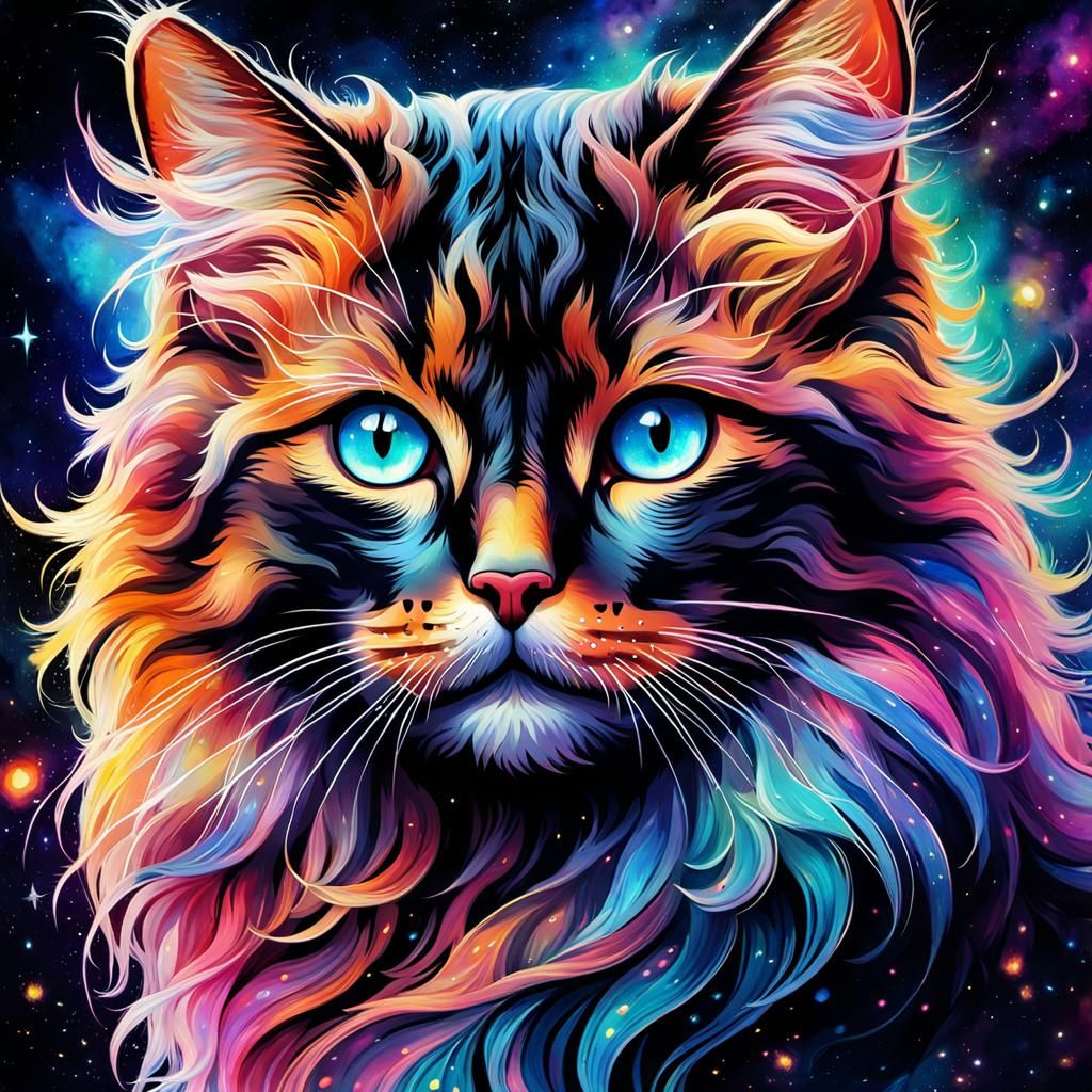Ethereal Star Cat: Liquid Ink and Aurora