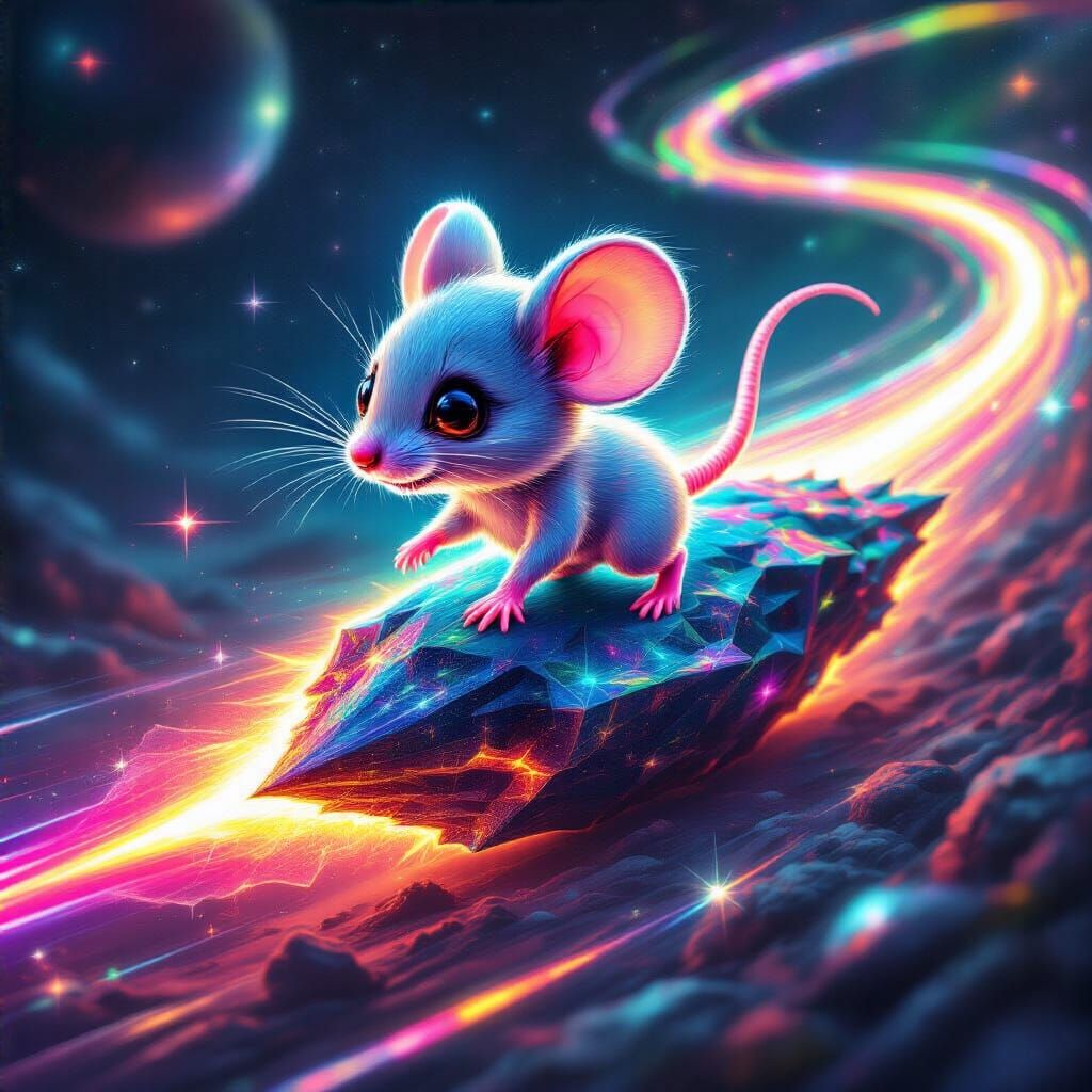Psychedelic Laser Chibi Mouse on Glowing Meteor