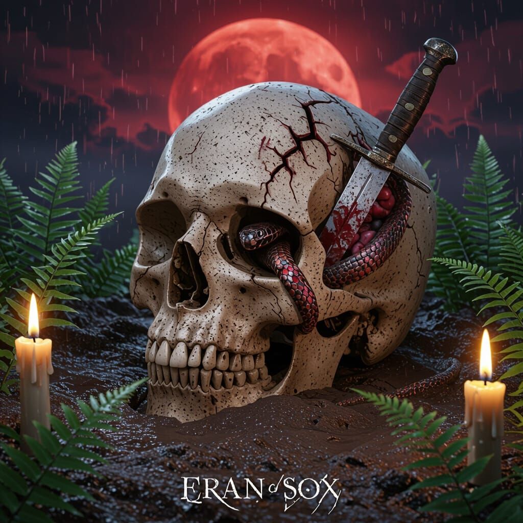 Skull With Cobra Nest Under Acid Rain, 3D Anime Style