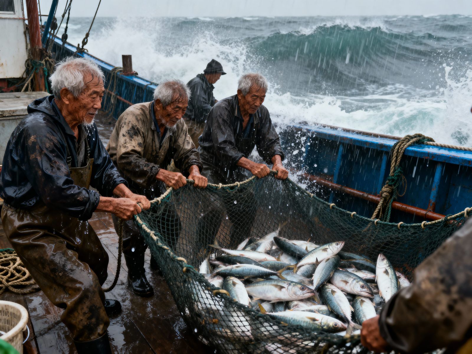 Fishermen Haul Catch Amidst Ferocious Storm in Realistic Pho...