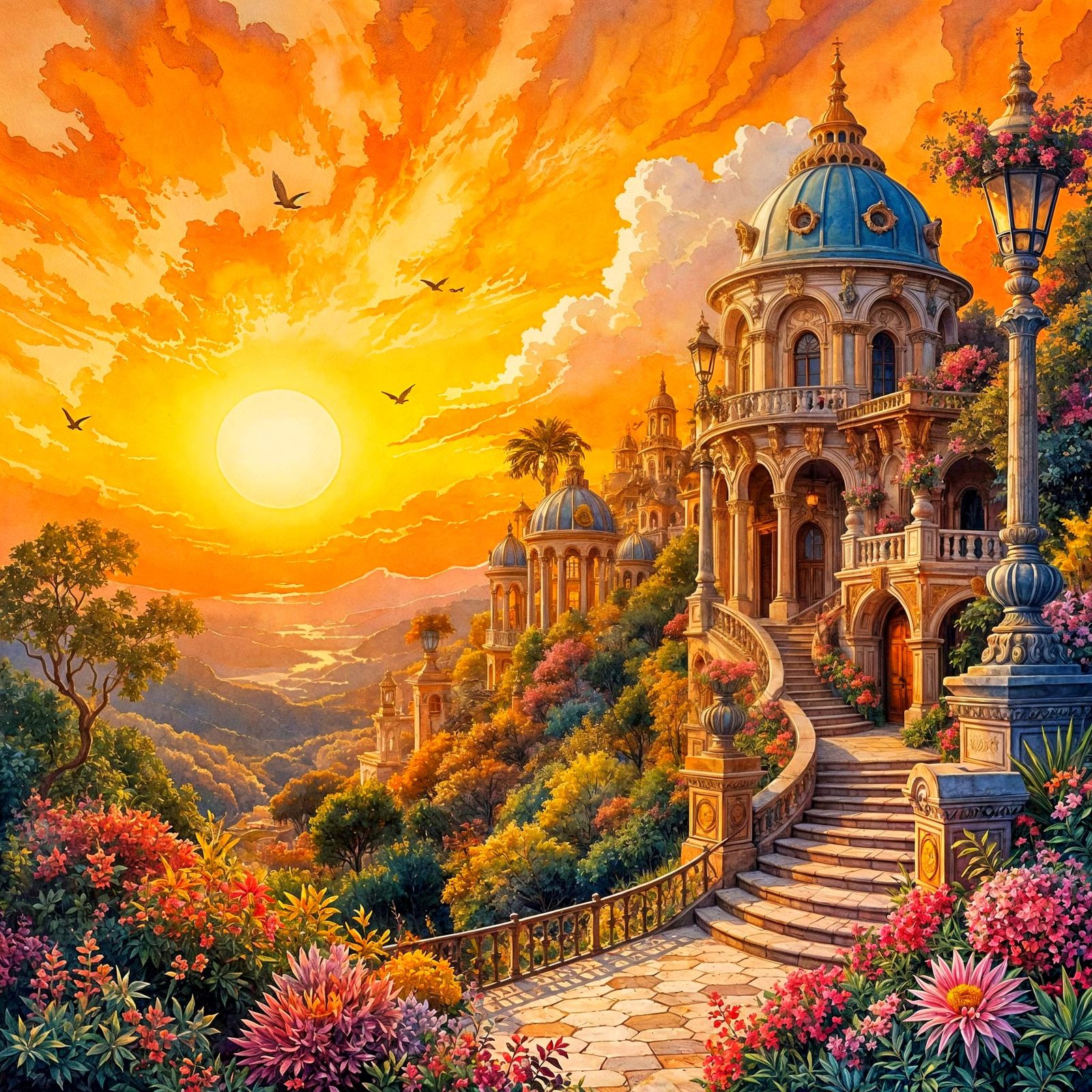 Sunset Palace: Watercolor Painting