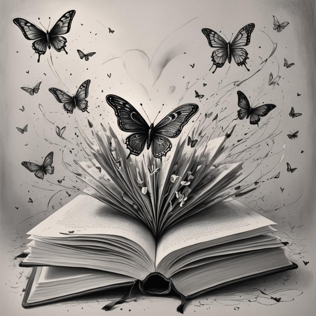 Love Book with Butterfly in Pencil Drawing Style