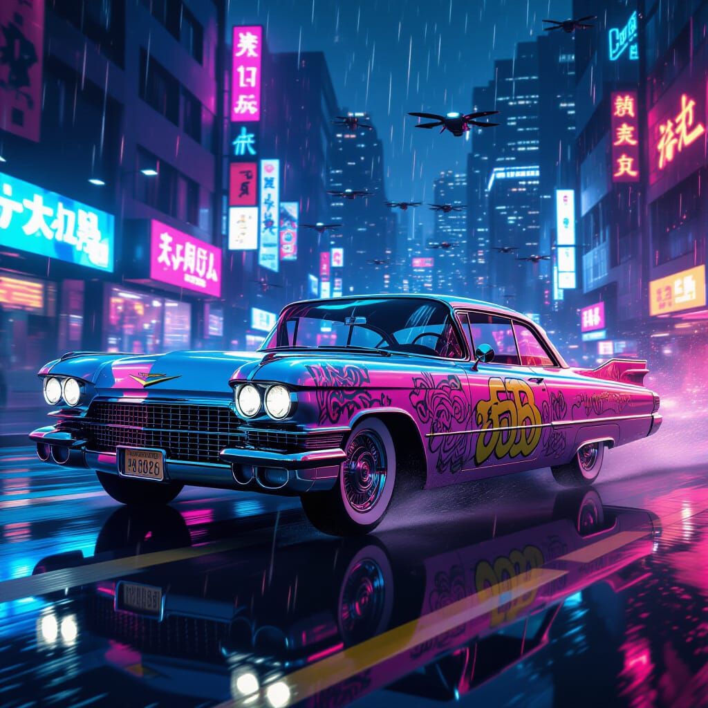 A heavily modified, chrome-plated 1959 Cadillac Eldorado races through a neon-lit cyberpunk metropolis, its engine a sym...