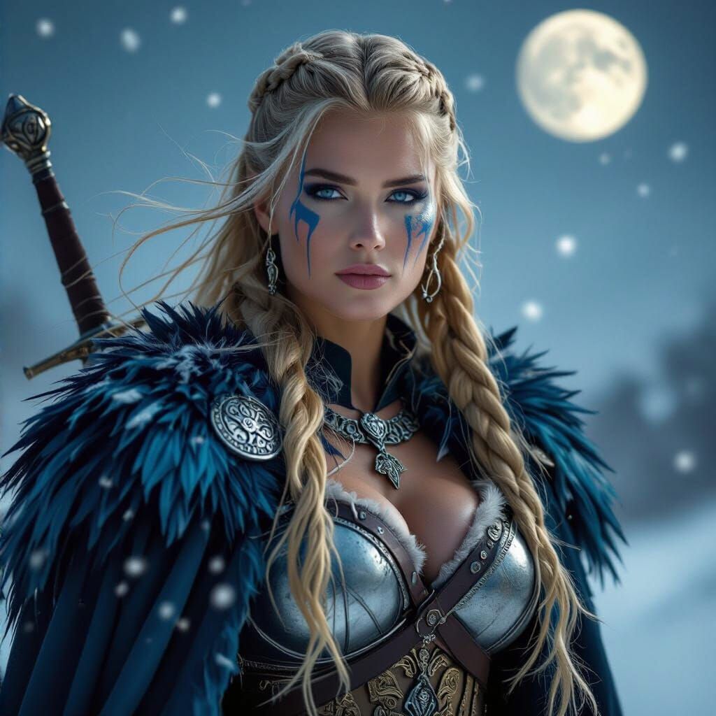 Viking Goddess with Blonde Hair and Blue Warpaint, Holding S...