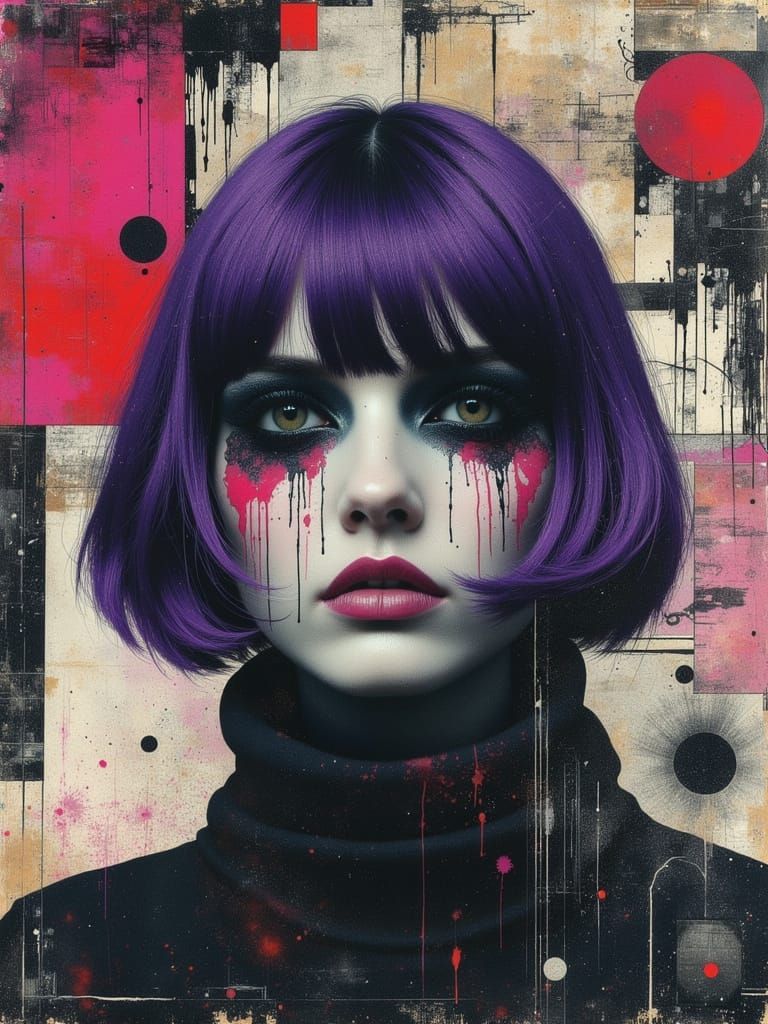 Gothic Portrait of Sad Woman in Abstract Mixed Media