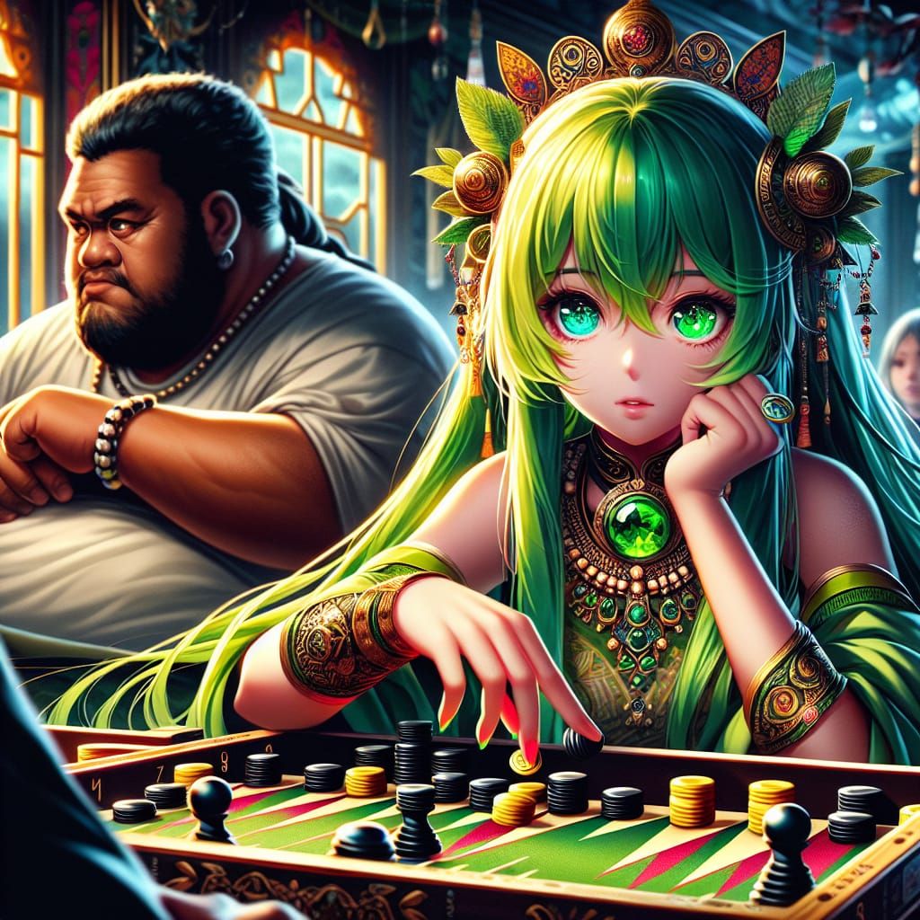 Anime Girl and Samoan Man Play Backgammon