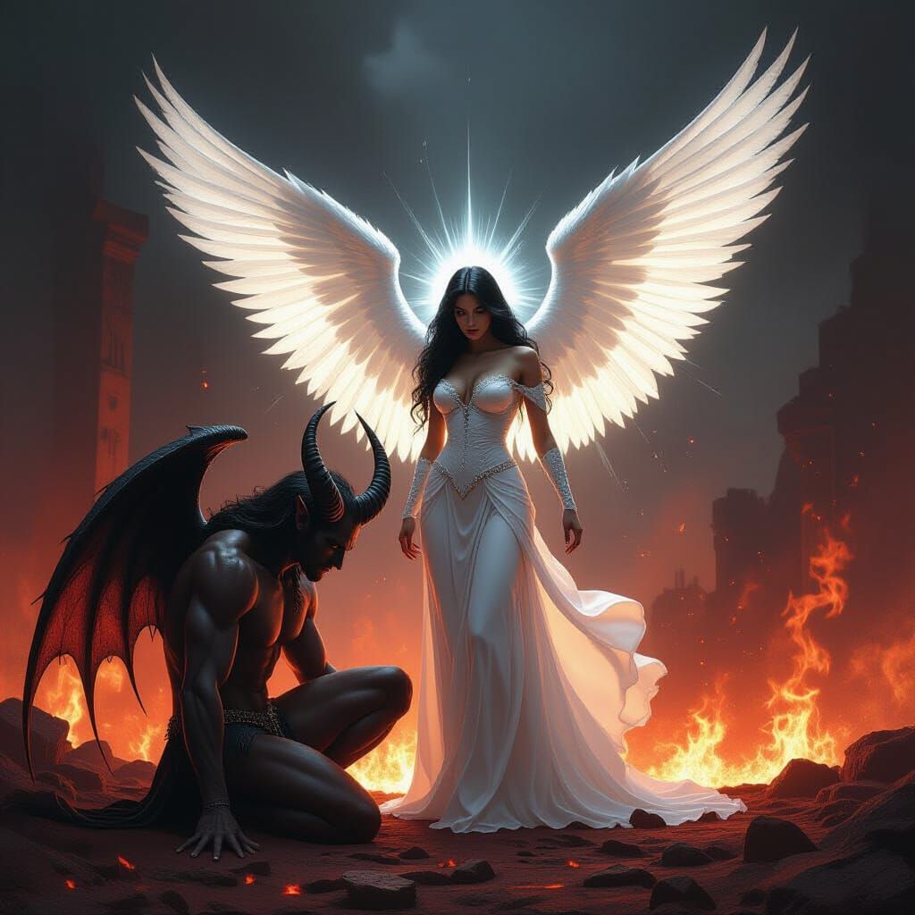 Triumphant Angel Defeats Demonic Lucifer in Hell